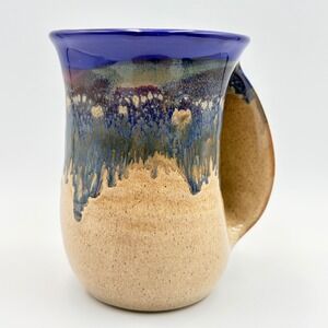Neher Studio Pottery 2002 Hand Warmer Mug Blue Drip Glaze Signed Clay in Motion